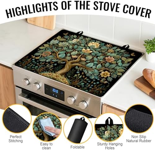 NYZE Stove Top Cover for Electric Stove 28x20 Inch Silicone Stove Topper & Protector, Decorative Kitchen Mat for Electric/Glass Stove Top (Teal & Gold Floral Tree) - Image 2