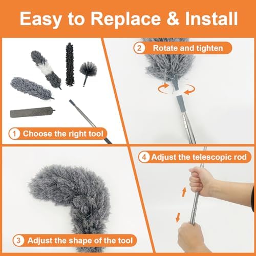 15 PCS Feather Dusters for Cleaning, Microfiber Duster with Extension Pole 100in, Extendable Duster for High Ceilings, Ceiling Fans, Baseboards, Blinds, Car Interior - Washable Reusable Dusting Tools - Image 5