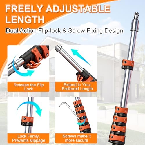 30FT High Reach Duster Kits with Dual Action Flip-Lock & Screw Fixing Design, 5-24FT Extension Pole, Cobweb Duster, Washable Ceiling Fan Cleaner & Window Squeegee for Glass & High Roof - Image 5