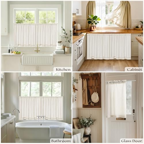 Beige Semi Sheer Linen Kitchen Curtains 24 Inch Length 2 Panels - Image 6