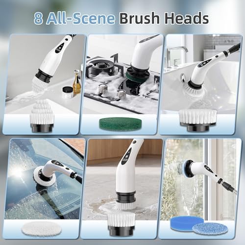 Electric Spin Scrubber, 3-Speed Flat End Brush with 8 Brush Heads & Base, IPX7 Waterproof, Adjustable Long Handle, Digital Display, 2500mAh Fast Charging, for Bathroom, Tub, Tile, Floor - Image 6