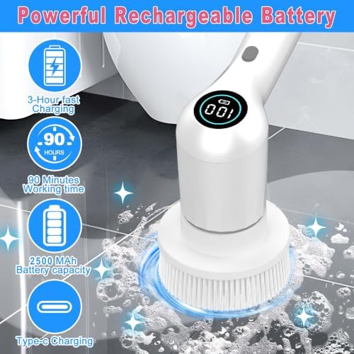 Electric Spin Scrubber, 44 in-lbs High Torque Shower Scrubber & LED Display, 6 in 1, Variable Speed Cordless Shower Cleaner Brush for Cleaning Bathroom, Kitchen, Toilet, Bathtub, Car - Image 2