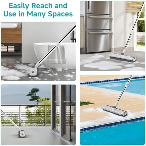 Floor Scrub Brush with Long Handle Length Adjustable, 3 in 1 Heavy-Duty Stiff 90° Bristle Floor Scrubber Broom with Squeegee, for Bathroom, Garage, Kitchen, Tile, Deck & Patio (White) - Image 6