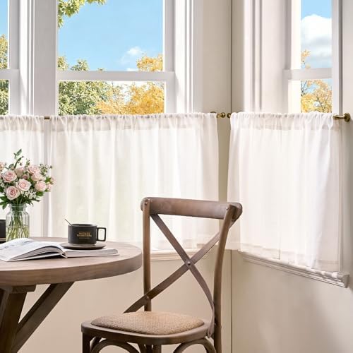 jinchan Linen Kitchen Tier Curtains, 38x24, 2 Panels, Beige White - Image 3