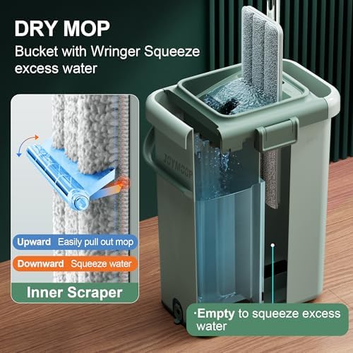 JOYMOOP Flat Mop System, Microfiber Mop and Bucket Set, Green, Commercial & Household Floor Cleaning Mop with Long Handle, Includes 3 Reusable 15" Pads - Image 3