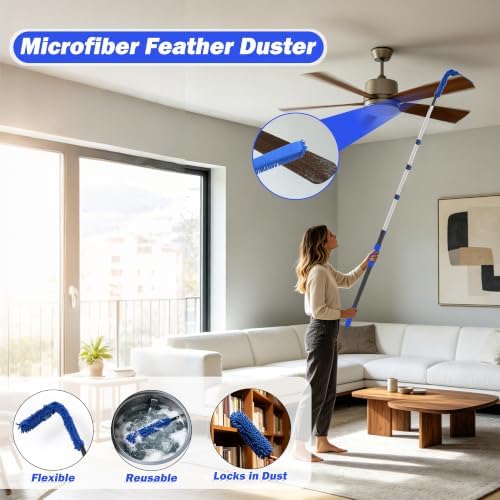 28FT Reach Light Bulb 5-20FT Telescopic Extension Pole Light Bulb Changer for High Ceilings with Feather Duster, Baskets and Suction Cups for Recessed Lights and High Ceilings - Image 4