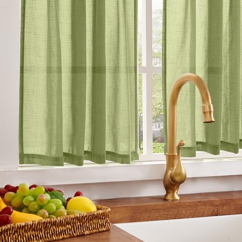 jinchan Linen Pinch Pleated Back Tab Tier Curtains, 26x30, Green - Image 4