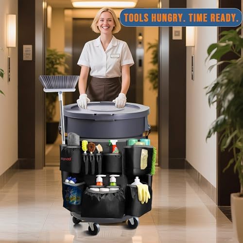 Trash Can Caddy Bag for 32-55 Gallon Garbage Bin, Hongmed Caddy for Commercial Cleaning Supplies, Multi-Pocket Utility Apron with Adjustable Straps, Heavy-Duty Nylon Organizer for Janitorial Duties - Image 2