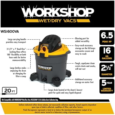 WORKSHOP Wet/Dry Vacs WS1600VA 16-Gallon 6.5 Peak HP Wet Dry Vacuum Cleaner - Image 3