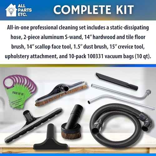 1.5” Backpack Vacuum Accessory Kit Includes Hose, 2-Piece Aluminum S-Wand, 14” Floor & Scallop Brushes, Dust & Upholstery Tools, 15” Crevice Tool, 10-Pack 100331 Vacuum Bags–10 Qt Size - Image 5