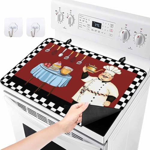 Kitchen Fat Chef Stove Top Covers for Electric Stove, Farmhouse Red Cook Induction Cooktop Cover Protector, White Black Plaid Range Mat for Glass Top Stove, Kitchen Countertop Dish Drying Mat, 24"x21" - Image 2