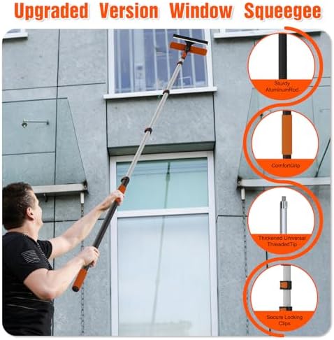 25FT Reach Window Squeegee Kit with Extension Pole, 2-in-1 Professional Washer for High Windows, 5-20FT Adjustable Reach, Rotatable Head for Indoor & Outdoor Use, Streak-Free Cleaning Tool for Home - Image 3