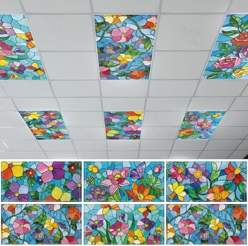 Wiooffen 6 Pcs Fluorescent Light Covers with 60 Magnets Decorative for Classroom Ceiling Light 4 x 2 Feet Magnetic Light Covers Filter Easy Install for Office Hospitals & Home (Stained Glass Floral) by Wiooffen