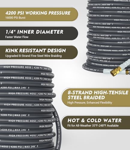 QC Installed Pressure Washer Hose 150 ft, 4200 PSI Flexible & Kink-Resistant, Steel-Braided & Durable, Power Washer Hose with 3/8" 360° Swivel Quick Connect, Hot/Cold Water Compatible, Gray - Image 2