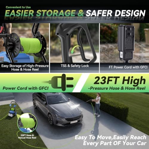 MAX 4800PSI 10" Wheels Electric Pressure Washer, 3L Foam Bottle Professional Electric Power Washer with 5 Nozzles 23FT Hose Reel, 2.8GPM Commercial/Household Pressure Washer Electric Powered, Blue - Image 6