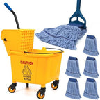 35 Qt Commercial Mop Bucket with Side Press Wringer on Wheels, Industrial Mop and Bucket Set with 6 Heavy Duty Mop Heads, Rectangular Janitorial Supplies for Restaurant, Hotel, School, Office & Home by KalTell