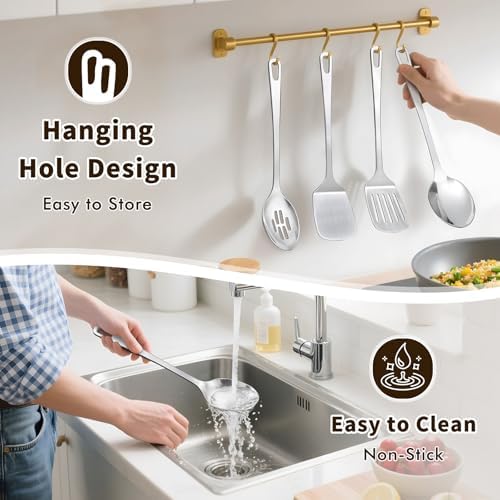 4 Pcs Cooking Utensils Set, Stainless Steel Kitchen Utensils, Heat Resistant Metal Kitchen Tools Include Solid & Slotted Turner Wok Spatula, Serving Spoon, Ergonomic Handle, Easy to Clean, Silver - Image 6