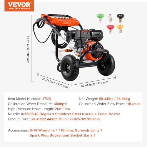 VEVOR Gas Pressure Washer, 3500 PSI 2.6 GPM, Gas Powered Pressure Washer with Aluminum Pump, Spray Gun and Extension Wand, 5 Nozzle Set, for Cars, Fences, Homes, Driveways, Patios Furniture Horizontal - Image 7