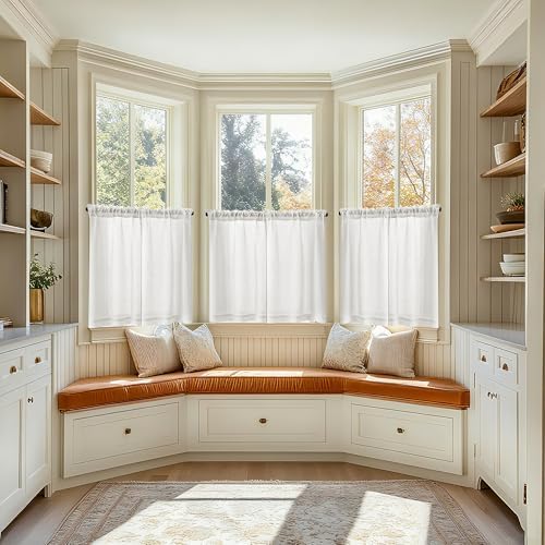 Off White Semi Sheer Linen Kitchen Curtains 24 Inch Length 2 Panels - Image 6