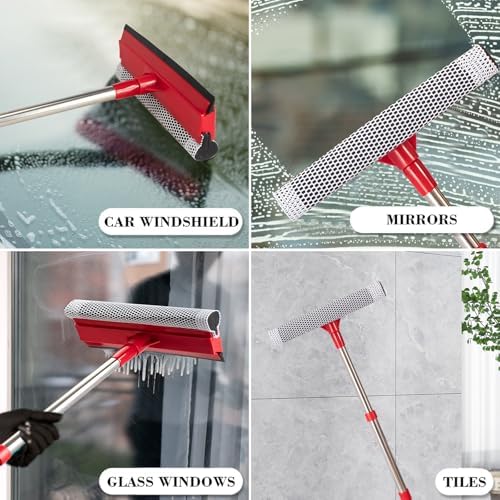 Window Squeegee with 15.7"-27.5" Retractable Stainless Steel Handle, 2-in-1 Windshield Cleaner Tool for Cars, Trucks, Glass Doors, Shower Glass, Outdoor Windows – Window Cleaner (Red) - Image 3