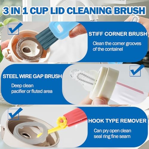 3 in 1 Cup Lid Cleaning Brush, 8PCS Multifunctional Crevice Cleaning Brush for Tumbler Water Bottle Lid, Deep Clean Tool for Home Kitchen, Red, Blue, White, Orange - Image 3
