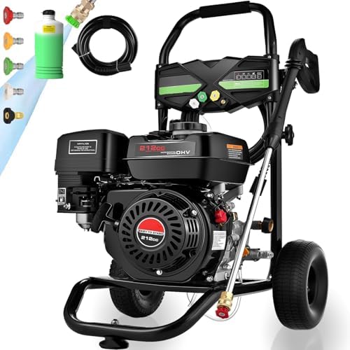 Commercial 4000PSI 4GPM 212CC Gas Pressure Washer, 7.0 HP Heavy-Duty 4-Stroke 3600RPM Professional Gas Power Washer with 9" Wheels/5 Nozzles/25FT Hose/1L Foam Bottle (EPA/CARB/ETL Compliant), Black by Steupoek