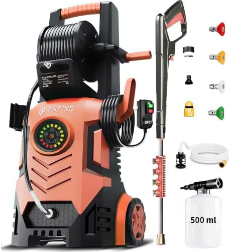 5000 Max Pressure Washer with Adj-8-Level Touch Screen, 34" Tall Power Washer, 35ft Power Cord w/GFCI, Inlet Hose&Filter&500mlFoam Cannon for Cars/Fences/Driveways/Home Cleaning，Red by FOTING-Makeyourwaterrefreshed