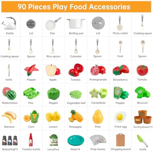 90Pcs Kitchen Playset Accessories, Pretend Cooking with Pots, Pans, Cookware, Food, Fruit, Veges, Color Sorting Baskets, Prop Money, Learning Gift for Girls Boys Toddlers (White) - Image 3