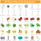 90Pcs Kitchen Playset Accessories, Pretend Cooking with Pots, Pans, Cookware, Food, Fruit, Veges, Color Sorting Baskets, Prop Money, Learning Gift for Girls Boys Toddlers (White) - Image 3