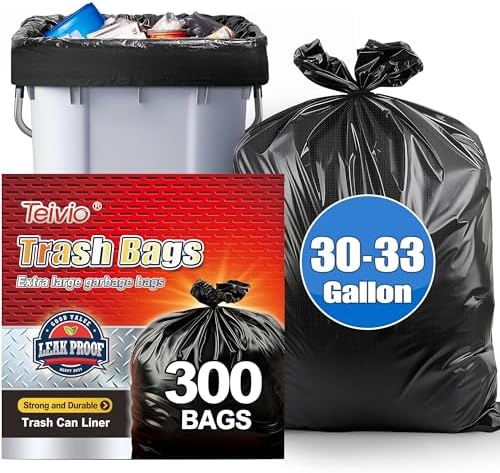 Teivio Large Black Trash Bags 30-33 Gallon 300 Count 30+ Gal Garbage Bags by Teivio