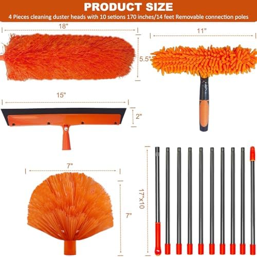 20+ Feet High Reach Duster Kit with 3-14 ft Extension Pole // High Ceiling Dusting and Window Cleaning Kit with Spliceable Pole - Window Washer & Squeegee, Cobweb Duster, Fan Blade and Feather Dusters - Image 2