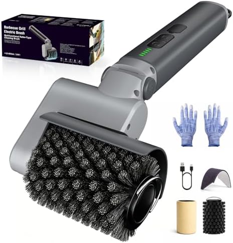 Electric Grill Brush, Cordless BBQ Cleaner, 3-Speed & Angle Adjustable, 3-in-1 Kit with Gloves, Reinforced Bristles, 150Mins Runtime, Removable & Dishwasher Safe for Outdoor BBQ Grates (Light Gray) by Unknown