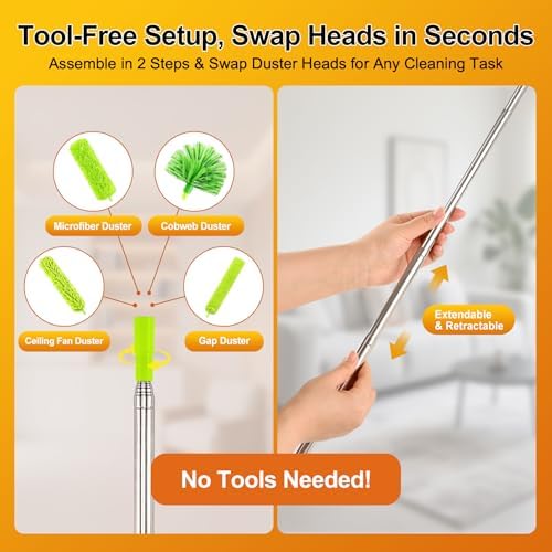 Tiumso Duster with Extension Pole 100 inch Extendable Reusable Dusters for Cleaning 5-in-1 Anti-Spin Dusting Kits for High Ceiling Fans, Cobwebs & Vents, Reinforced Stainless Steel Telescopic Handle - Image 6