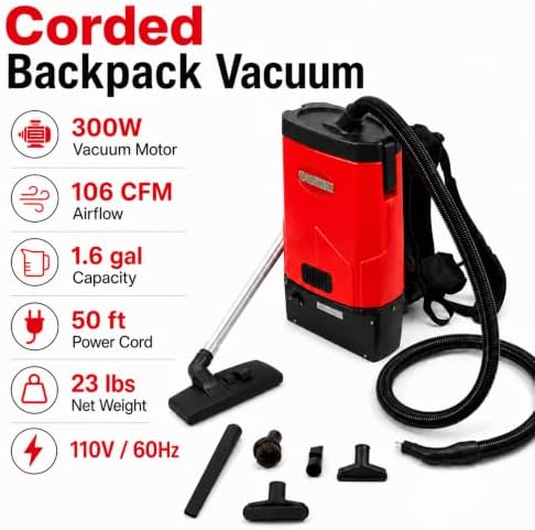 Corded Commercial Backpack Vacuum Cleaner, 106 CFM, 1.6-Gal, 50-ft Cord - Image 7