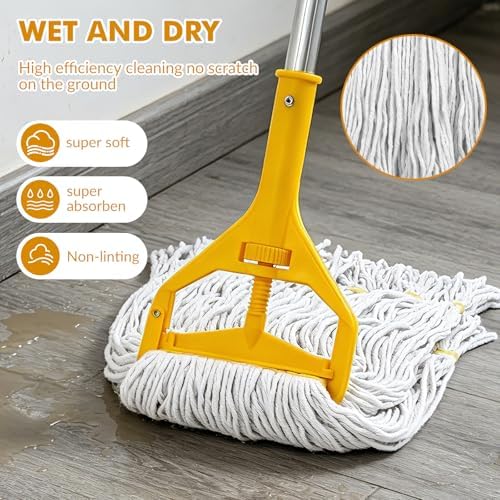 Commercial Mop Heavy Duty Industrial Mop- 3 Extra Large Cotton Looped Heads, 61" Aluminum Handle Mops for Concrete/Tile/Garage Floors-Home, Kitchen - Image 3