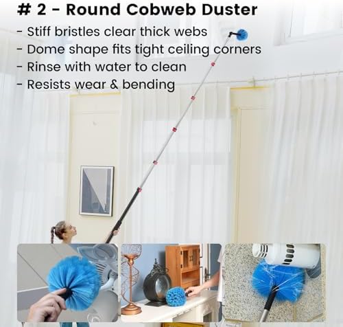 Ceiling Fan Duster Kit with 12 FT Telescoping Pole – 6-Piece Set – Screw-On Cobweb Duster & Squeegee Heads – Washable Bendable – 3/4" Universal Fit – House Cleaning Kit, Blue - Image 4
