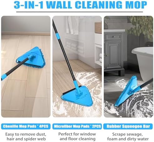 NEWE Wall Mop Cleaner with 80 Inch Long Handle, 180° Folding Ceiling Cleaner with Squeegee, Cabinet Cleaning Tool, Wall Scrubber, Triangle Baseboard Scrubber, 4 Chenille Duster & 2 Microfiber Pads - Image 3
