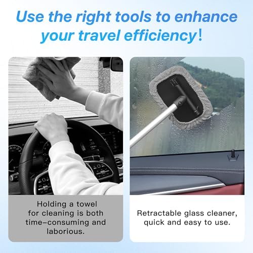 Car Windshield Cleaner Tool Kit with Extendable Handle, Vehicle Window Cleaner with 4 Microfiber Pads and 1 Empty Spray Bottle, Auto Windscreen Cleaning Tool, Universal Fit (Rectangular) - Image 5