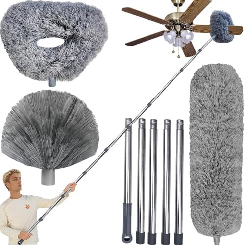 Tonmp 3 Pack 20+ Feet High Reach Grey Microfiber Feather Duster with 3-14 ft Spliceable Pole Cobweb Duster for Cleaning Fan, Spider Web, High Ceiling, Blinds, Furniture Cleaning Tool Kit, Gray by Tonmp