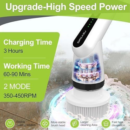 WKY-Electric Spin Scrubber - Upgraded 10-in-1 IPX7 Waterproof Shower Scrubber, Retractable Handle & 2-Speed for Toilet, Bathroom, Bathtub Tile Floors - Image 3