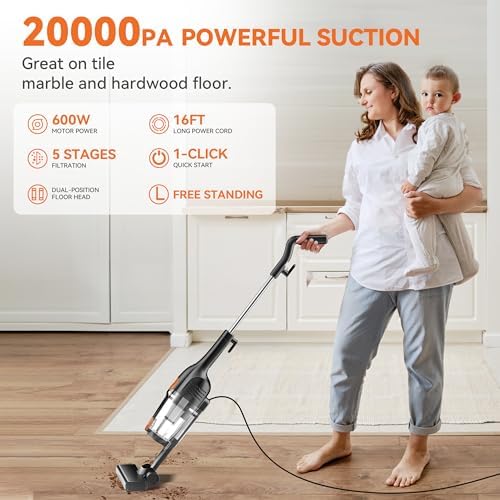 Vazone R6X Corded Stick Vacuum Cleaners for Home, 20Kpa Powerful Suction Stick Vacuum with 16Ft Cord, 2 in 1 Lightweight Handheld Vacuum Cleaner for Hardwood Floor Pet Hair (Mandarin) - Image 2