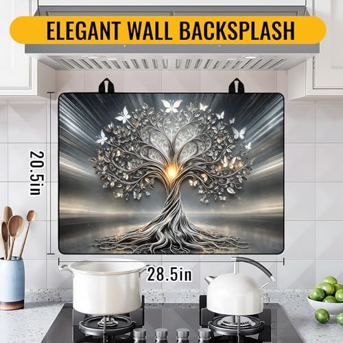 NYZE Extra Counter Space Stove Cover for Glass Top Stoves, 28" x 20" Decorative Silver Tree of Life with Butterflies Cooktop Protector, Durable Heat Resistant Mat Pad for Kitchen Organization - Image 2