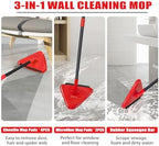 NEWE Wall Mop Cleaner, 80 inches Long Handle, 180° Folding Ceiling Cleaning Tool with Squeegee for Washing Painted Walls, Triangle Baseboard Scrubber with 3 Chenille Duster and 3 Microfiber Pads (Red) - Image 4