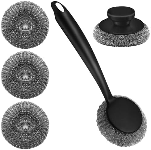 Scrubber with Handle Comes with Three Replacement Balls Steel Wool, Short Handle Scrubber, Steel Wool Scrubber Supplies Dish Scrubber, Stainless Steel Scrubber Tool Metal Scrubber for Dishes by HINGTAI