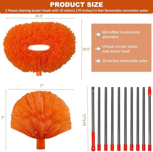 20+ Feet High Reach Dusting Kit, Cobweb Duster & Ceiling Fan Duster with 3-14 ft Extension Pole for Cleaning, Microfiber Feather Duster Cleaner for Cleaning Walls Bookshelves Furniture Door Window - Image 2