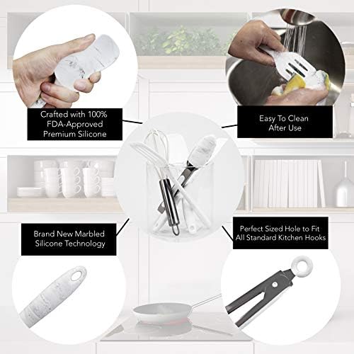 COOK WITH COLOR Silicone Cooking Utensils, Kitchen Utensil Set, Easy to Clean Silicone Kitchen Utensils, Cooking Utensils for Nonstick Cookware, Kitchen Gadgets Set, Mini, Marble White - Image 3