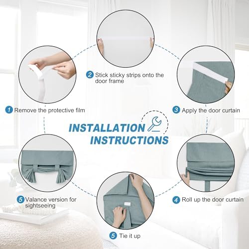 RYB HOME Linen Blended French Door Shades Self Adhesive, Privacy Room Darkening Glass Door Window Curtains for Kitchen Patio Sidelight Curtain Tie Up Shade, W 34 x L 69 inch, 1 Pc, Stone Blue - Image 2