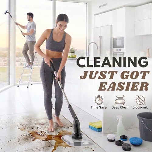 Electric Spin Scrubber with LCD Display, Cordless Cleaning Scrubber for Home, Upgraded 70W Dual Speed Motor, IPX7 Waterproof Power Scrubber, 7 Brush Heads, Extendable Long Handle - Image 5