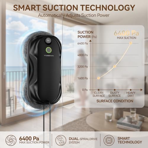 Tosima W5 Window Cleaning Robot, 6400Pa Max Adaptive Suction, Smart Window Cleaner with Triple Safety System, Intelligent Navigation, Remote Control, for All Smooth Surfaces, Black - Image 2