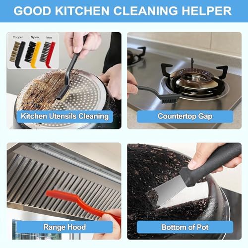 12Pcs Crevice Cleaning Brush Set, Hard Bristle Multi-Purpose Household Cleaning Tools for Kitchen Bathroom Tile Grout Window Track, Bamboo Pot Brush + Copper Wire Brush + Scraper - Image 4